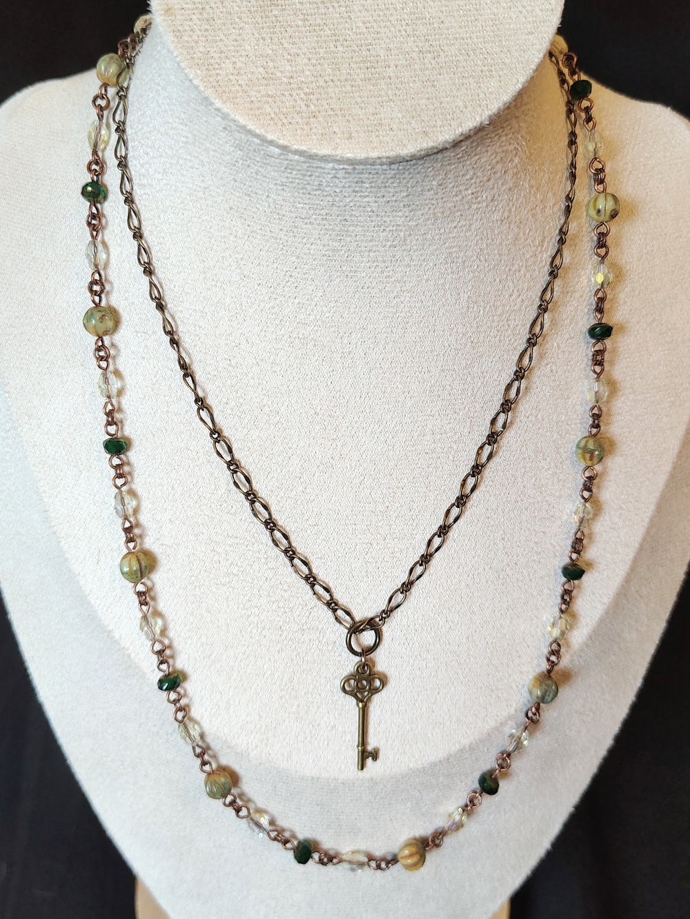 Vintage-Inspired Green Beaded Key Pendant Necklace - Women's Jewelry